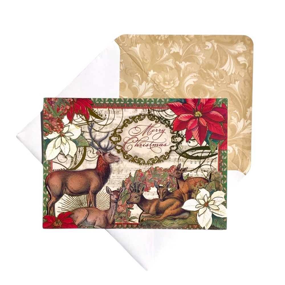 Punch Studio Single (1) Poinsettia Deers 3D Die-Cut Embellished Card Env (64460)